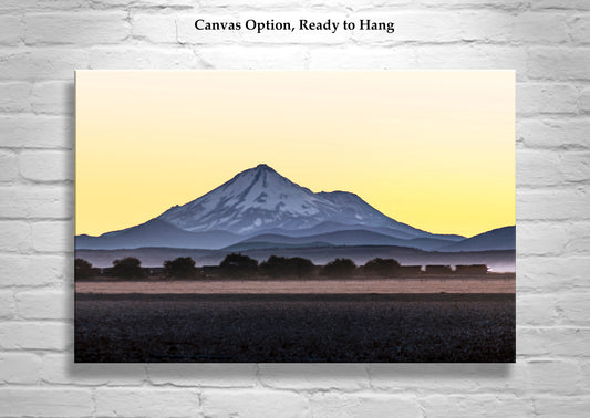 Mt Shasta Landscape Photograph with Train in Siskiyou County California at Sunset