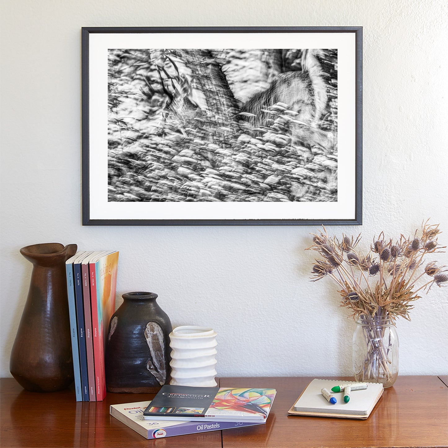 Abstract Black & White Winter Buck Deer in Snowy Forest