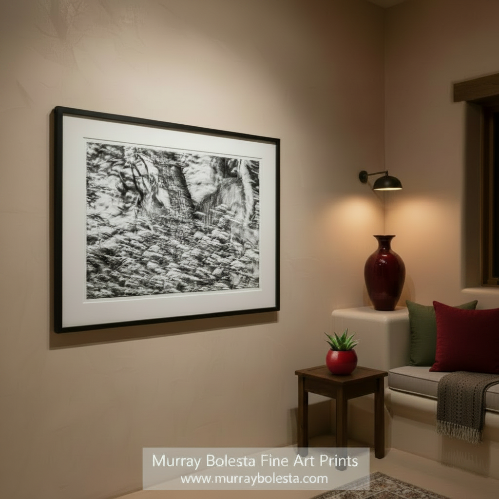 Black and white abstract art print on a white background. Wildlife Photography in Abstract Black and White of Winter Buck Deer in Snowy Forest by Murray Bolesta