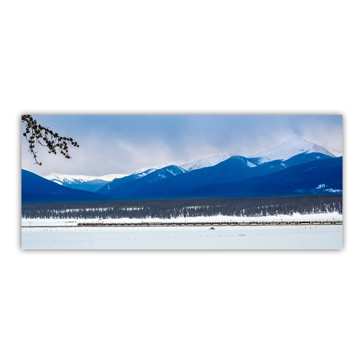 Colorado Rocky Mountain Winter Landscape Art Print with Train in Snow