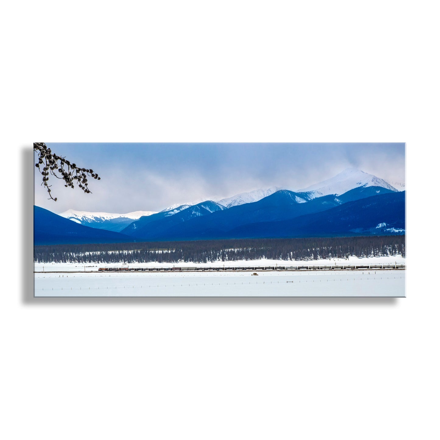 Colorado Rocky Mountain Winter Landscape Art Print with Train in Snow