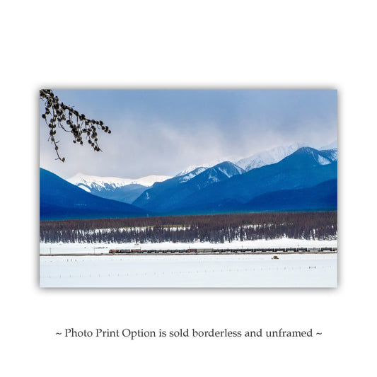 Colorado Art with Rocky Mountain Winter Snowy Landscape and Train