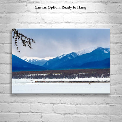 Colorado Art with Rocky Mountain Winter Snowy Landscape and Train