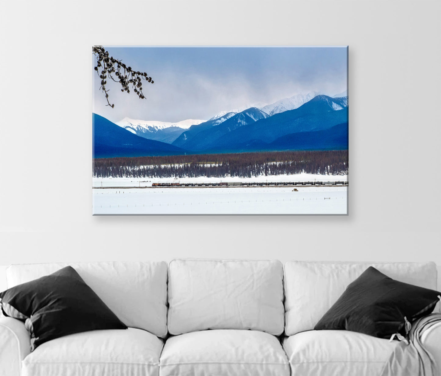 Colorado Art with Rocky Mountain Winter Snowy Landscape and Train