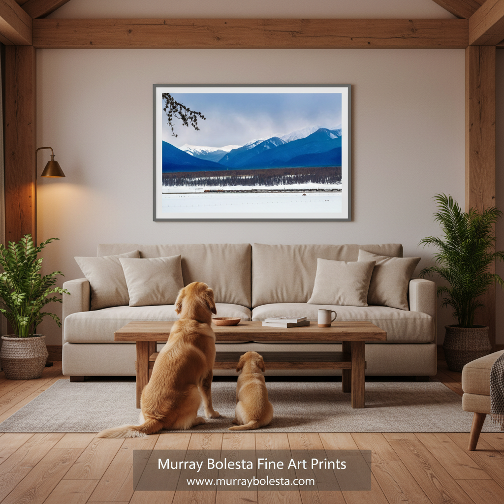 Colorado Rocky Mountain train in snow! A framed landscape art print of snow-covered mountains under a blue sky, displayed on a beige wall in a modern living room with a sofa, coffee table, and two dogs sitting in front. A watermark at the bottom reads 'Murray Bolesta Fine Art Prints'.