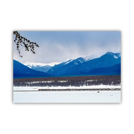 Colorado Art with Rocky Mountain Winter Snowy Landscape and Train