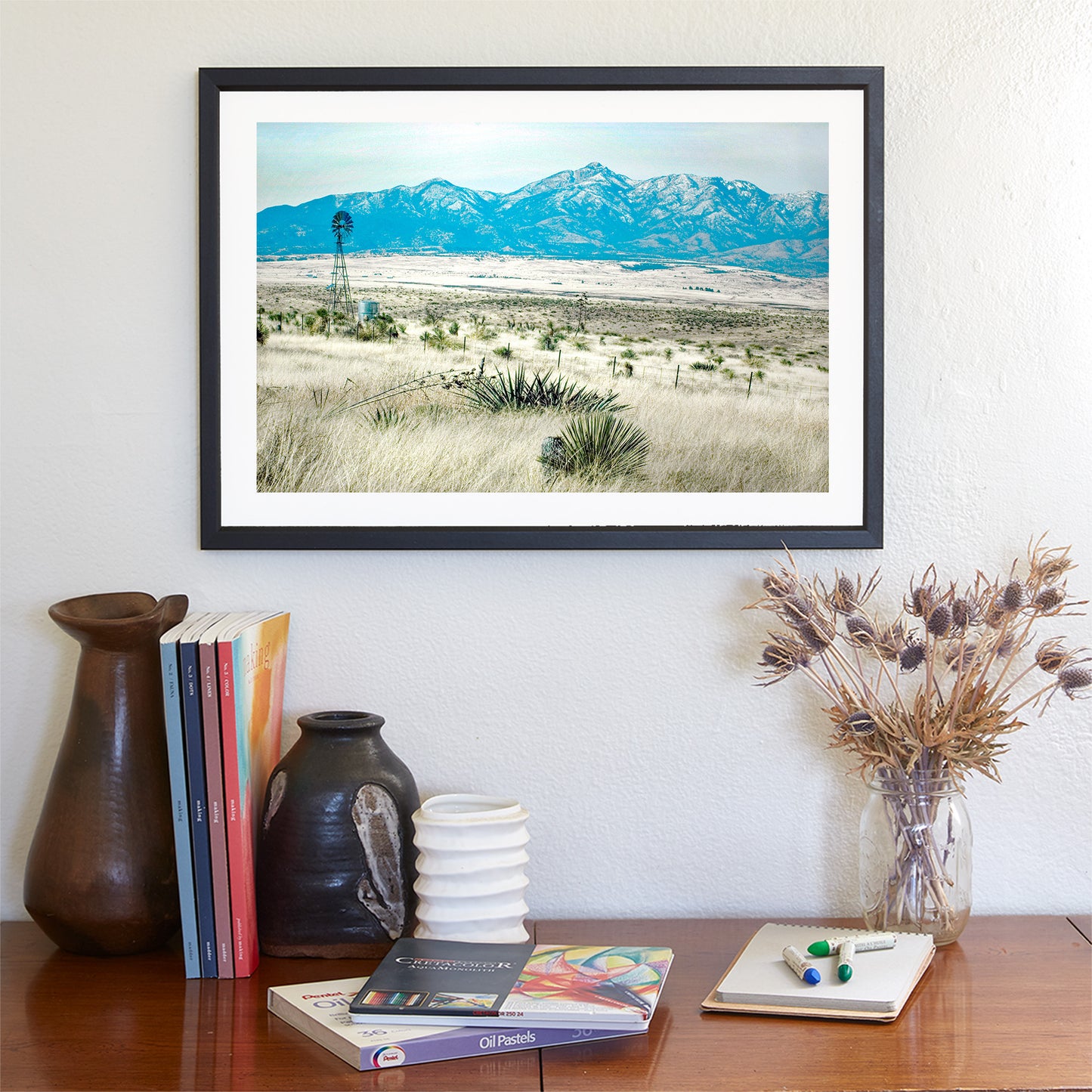 Sonoita Arizona Ranch Windmill Landscape Art with Santa Rita Mountains