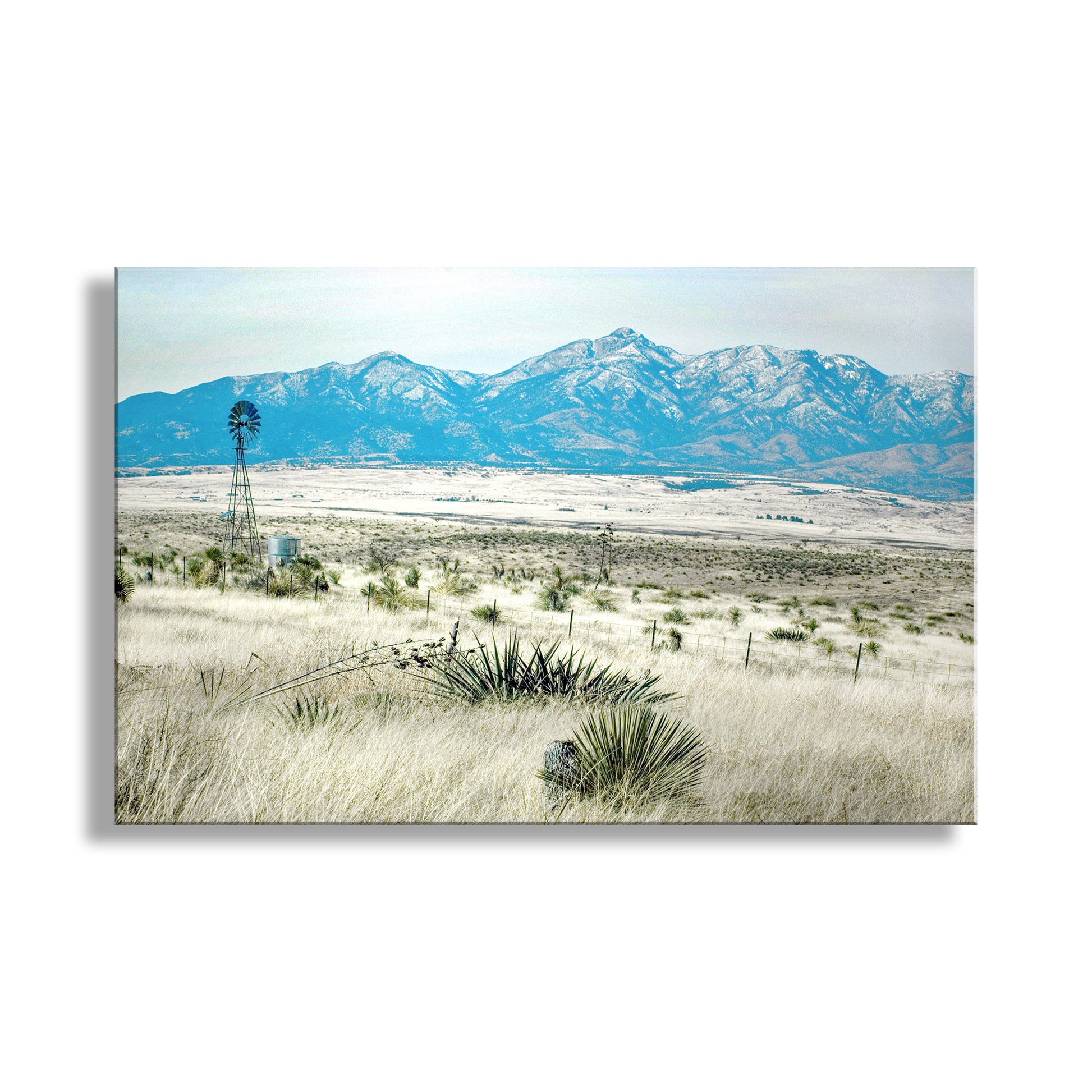Desert landscape with mountains in the background. Sonoita Arizona Ranch Windmill Landscape Art with Santa Rita Mountains