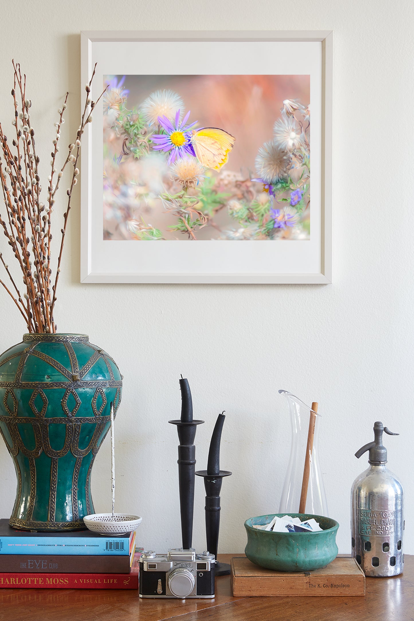 Dandelion and Pastel Wildflower Art Photo with Yellow Butterfly