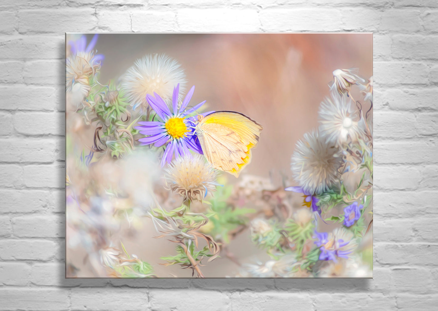Dandelion and Pastel Wildflower Art Photo with Yellow Butterfly