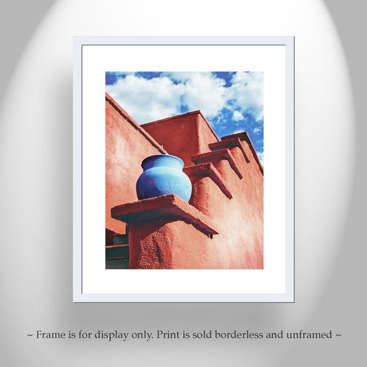 Framed photograph of a blue vase against a red building with a blue sky. Southwestern Fine Art Print of Tucson Arizona Adobe Architecture