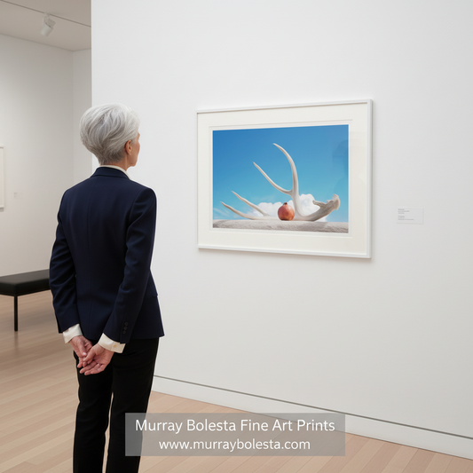 Antler and peach on a blue sky background. Fine Art Surreal Still Life – Deer Antler & Pomegranate Print by Murray Bolesta