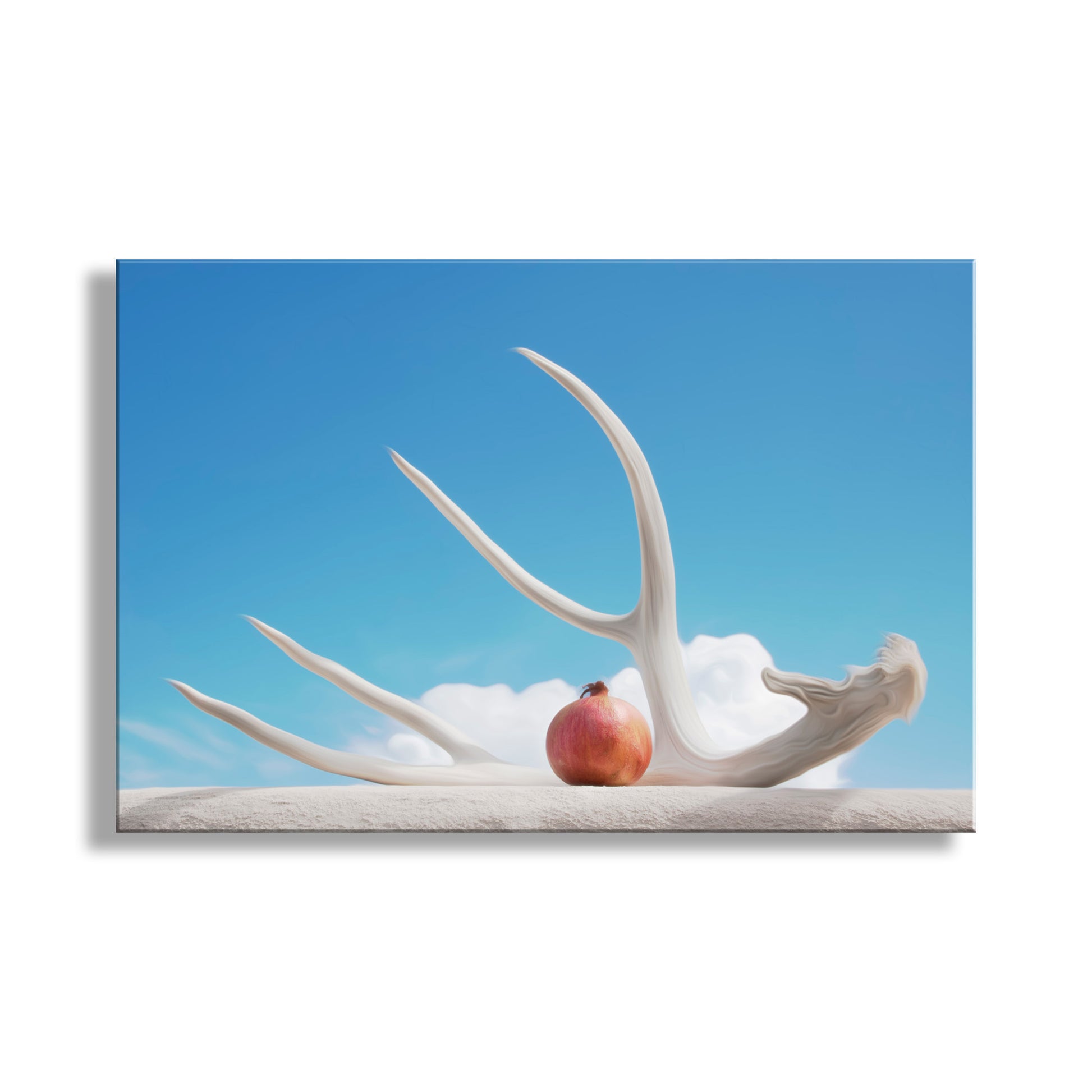 Antler and peach on a blue sky background. Fine Art Surreal Still Life – Deer Antler & Pomegranate Print