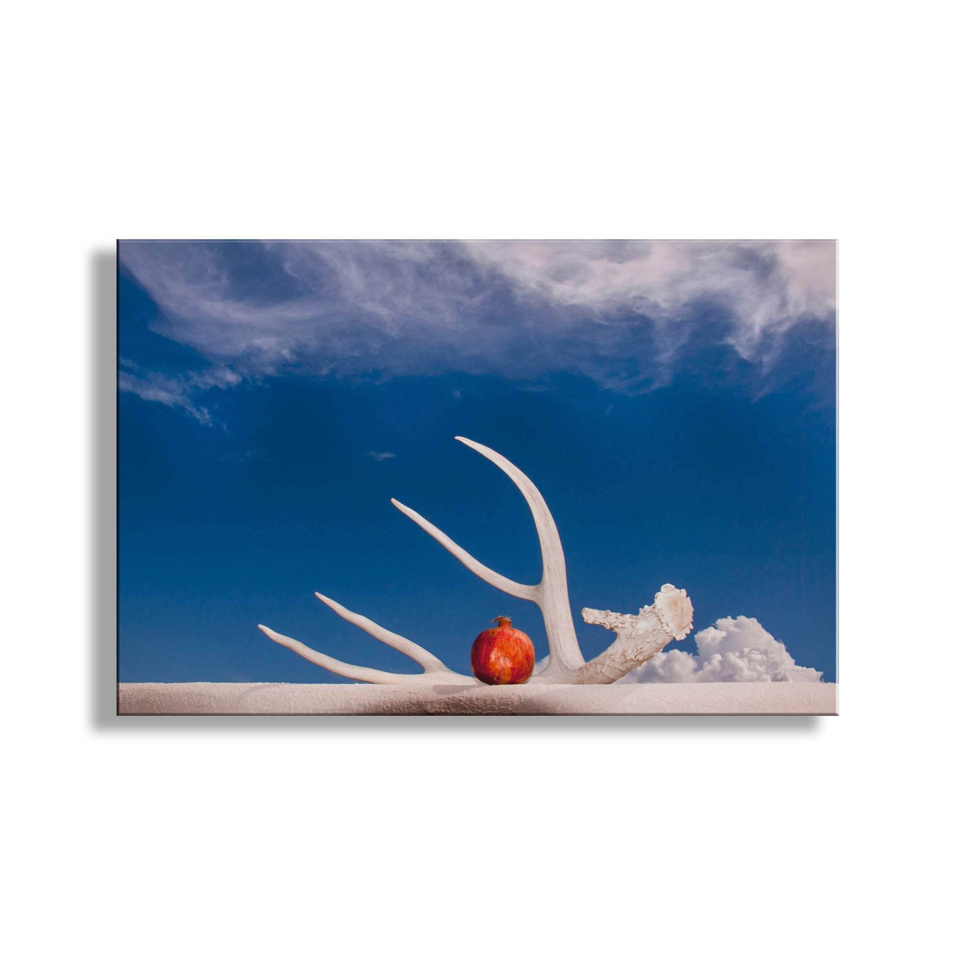 White antlers with a red apple against a blue sky with clouds. Surreal Fine Art Photography with Deer Antler and Pomegranate