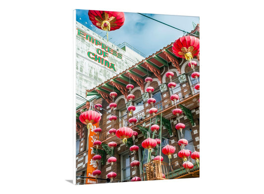 Building with red lanterns and 'Empress of China' sign in a Chinatown setting. To beautify your walls, my splendid San Francisco treat! A multitude of brilliant Chinese lanterns adorn Chinatown in San Francisco, California. This striking image was artfully rendered by me as shown in the detail image above! Original, unique signed art by Murray Bolesta.