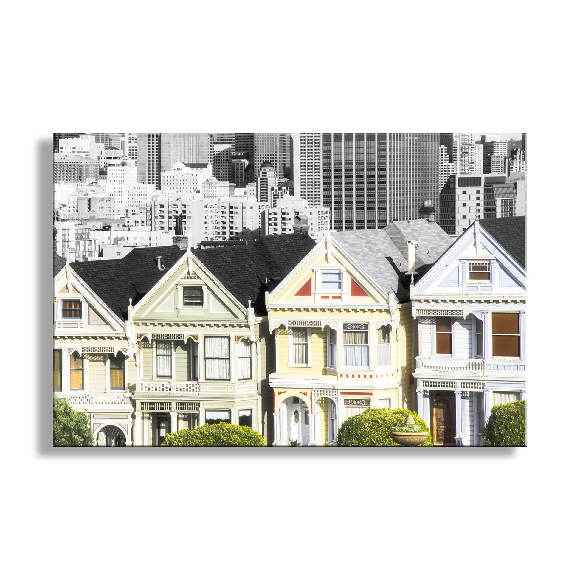 Three Victorian-style houses with a city skyline in the background. My unique San Francisco art print to beautify your walls: the "Painted Ladies" vintage homes on Alamo Square Park! Original, unique signed art by Murray Bolesta.