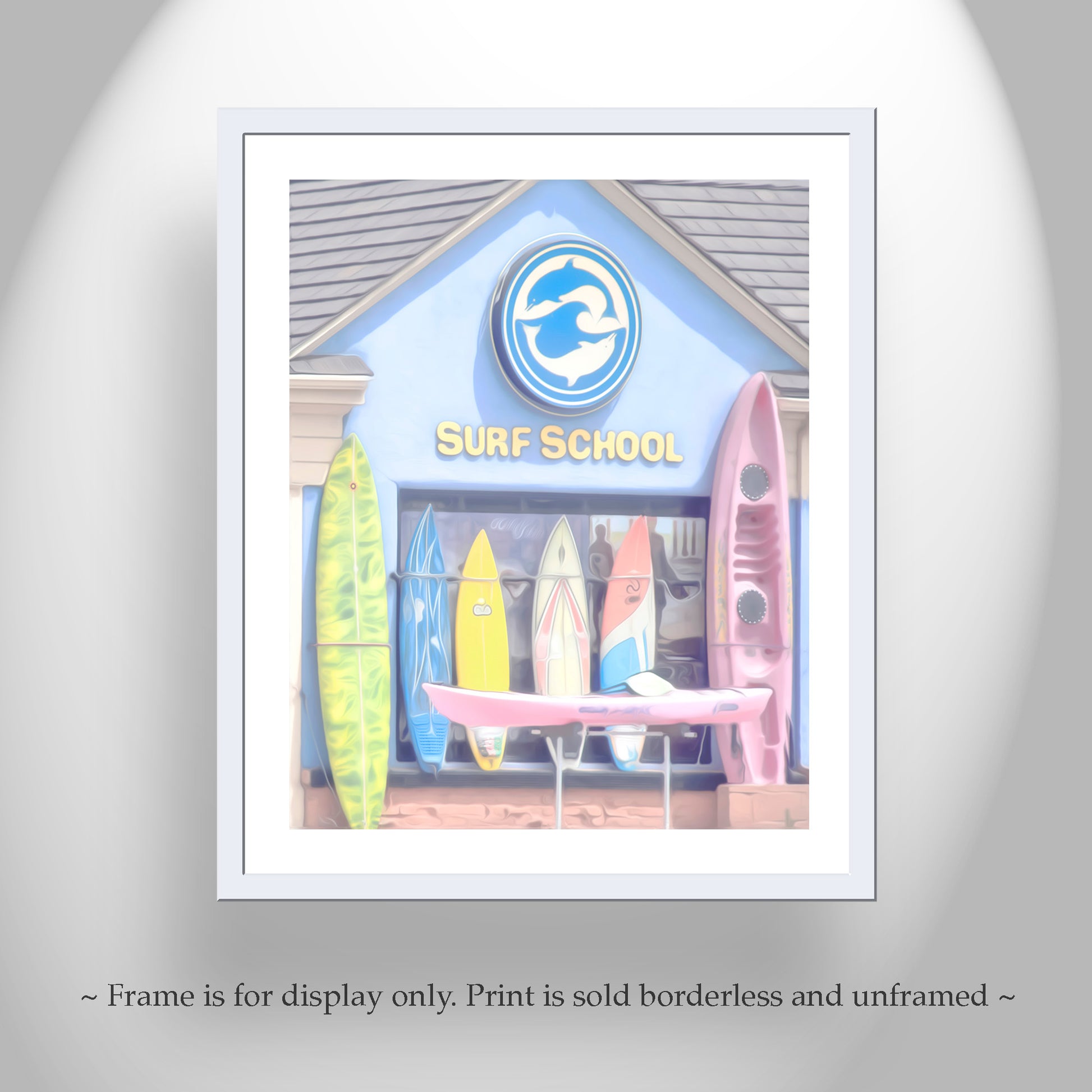Framed artwork of a surf school with colorful surfboards and a logo. My pretty pastel picture of surf shop at San Diego California USA. Boats and boards galore! Original, unique signed art by Murray Bolesta!
