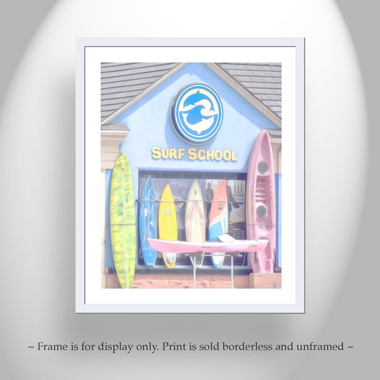 Framed artwork of a surf school with colorful surfboards and a logo. My pretty pastel picture of surf shop at San Diego California USA. Boats and boards galore! Original, unique signed art by Murray Bolesta!