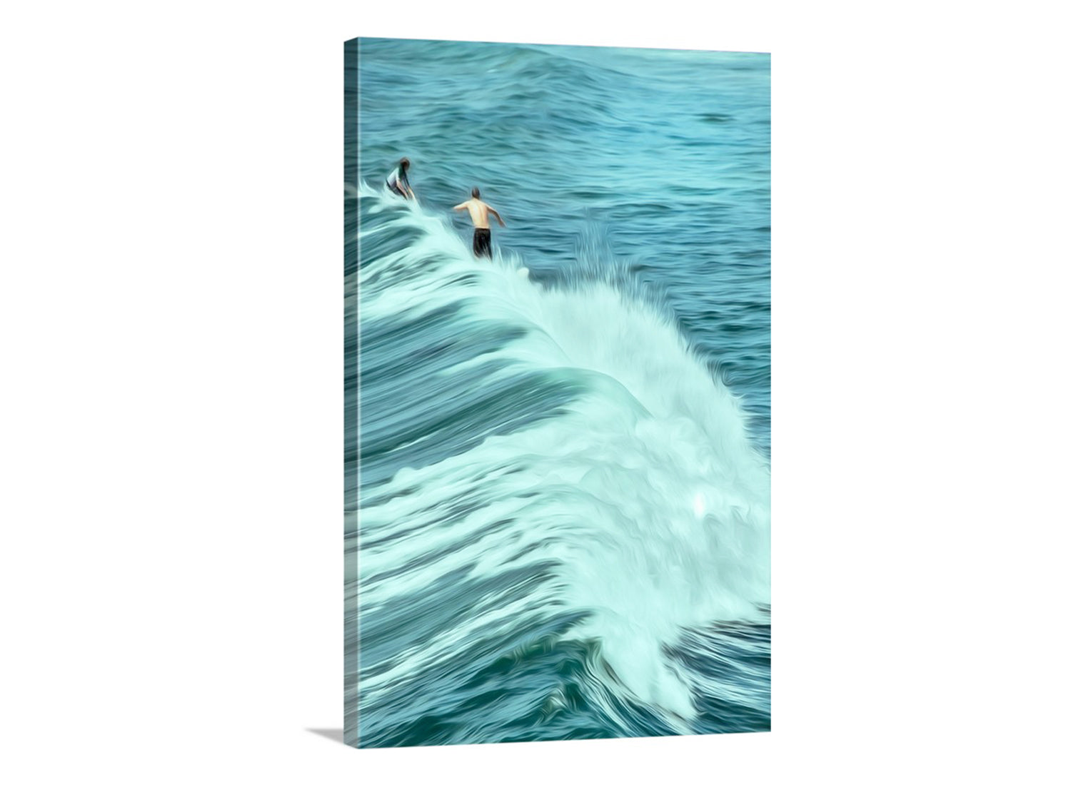 Surfer riding a large wave in the ocean.  Beautiful surfer waves! To embellish your walls, my unique and artful surfing scene from San Diego California's Ocean Beach. Original, unique signed art by Murray Bolesta.