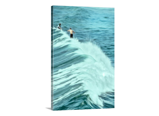 Surfer riding a large wave in the ocean.  Beautiful surfer waves! To embellish your walls, my unique and artful surfing scene from San Diego California's Ocean Beach. Original, unique signed art by Murray Bolesta.