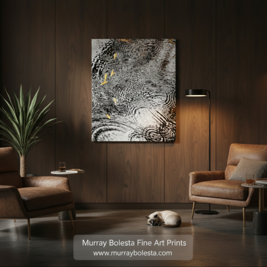 The image is a black and white abstract artwork with a textured, swirling pattern. Sycamore Canyon by Murray Bolesta!