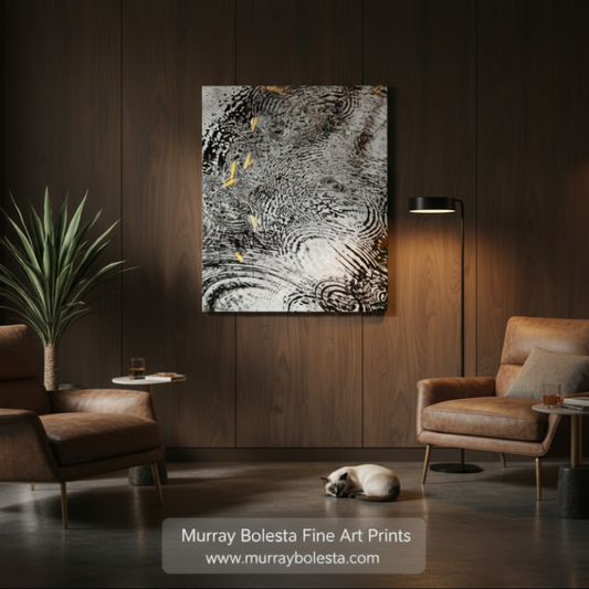 The image is a black and white abstract artwork with a textured, swirling pattern. Sycamore Canyon by Murray Bolesta!