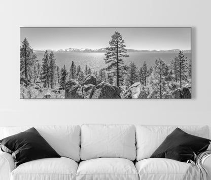 Black & White Panoramic Art Print of Lake Tahoe Sierra Nevada