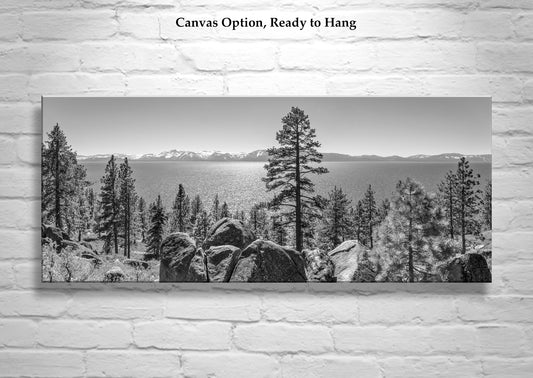 Black & White Panoramic Art Print of Lake Tahoe Sierra Nevada