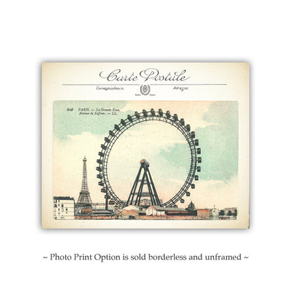 Vintage Art Print of Paris Ferris Wheel and Eiffel Tower | French Wall Decor Gift for Home or Office