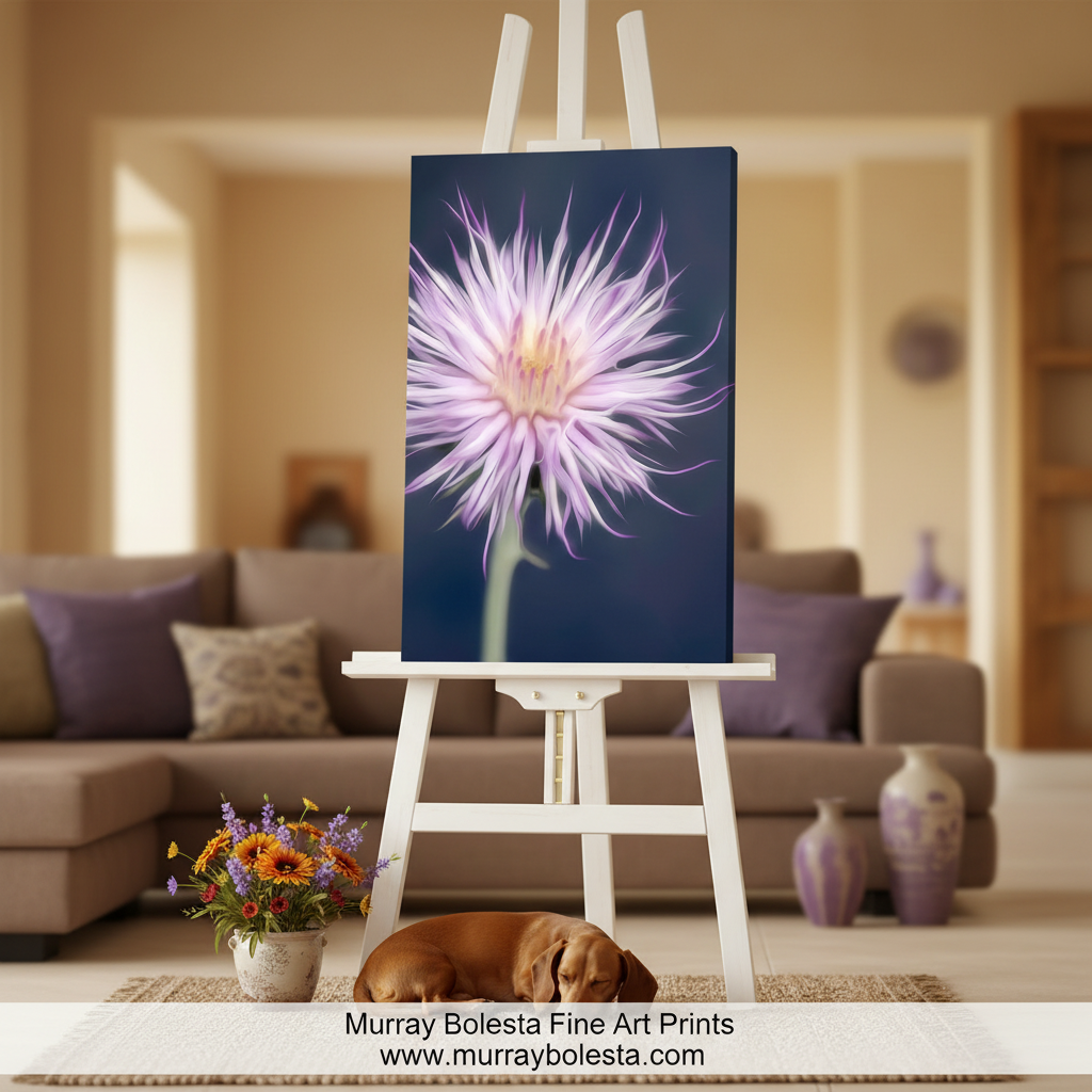 Canvas print of a purple flower with a dark background. Thistle Flower Nature Art Print as Arizona Wildflower Wall Decor by Murray Bolesta