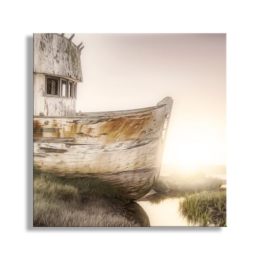 Old wooden boat on a grassy shore with a small building in the background. Tomales Bay Marin County Wall Art | Old Shipwreck Square Nautical Picture