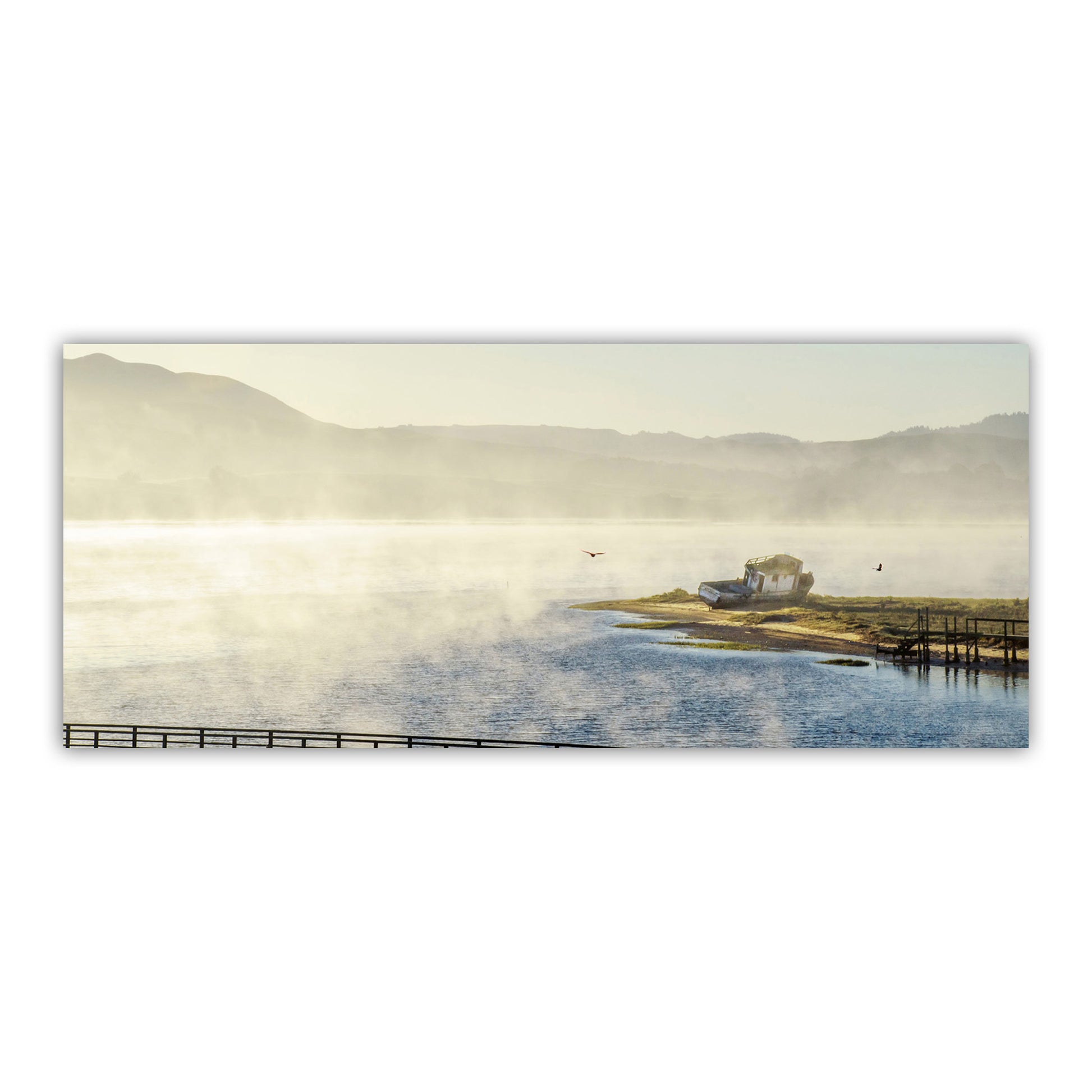 Scenic view of a house on an island with mountains in the background. My beautiful wide-screen picture of a foggy dawn at Tomales Bay, planet Earth! Original, unique signed art by Murray Bolesta.