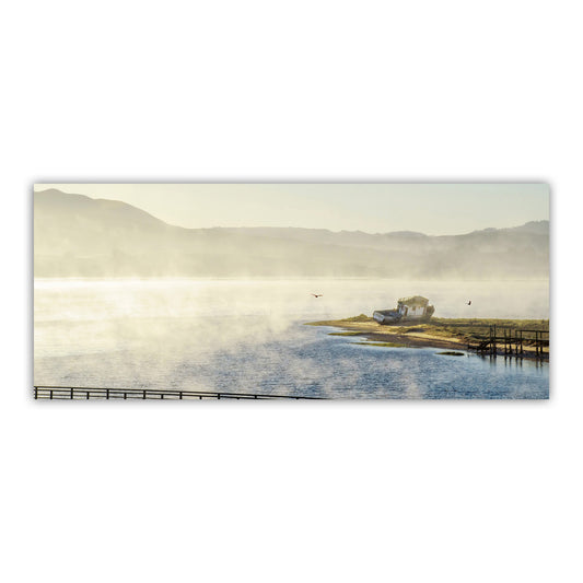 Scenic view of a house on an island with mountains in the background. My beautiful wide-screen picture of a foggy dawn at Tomales Bay, planet Earth! Original, unique signed art by Murray Bolesta.