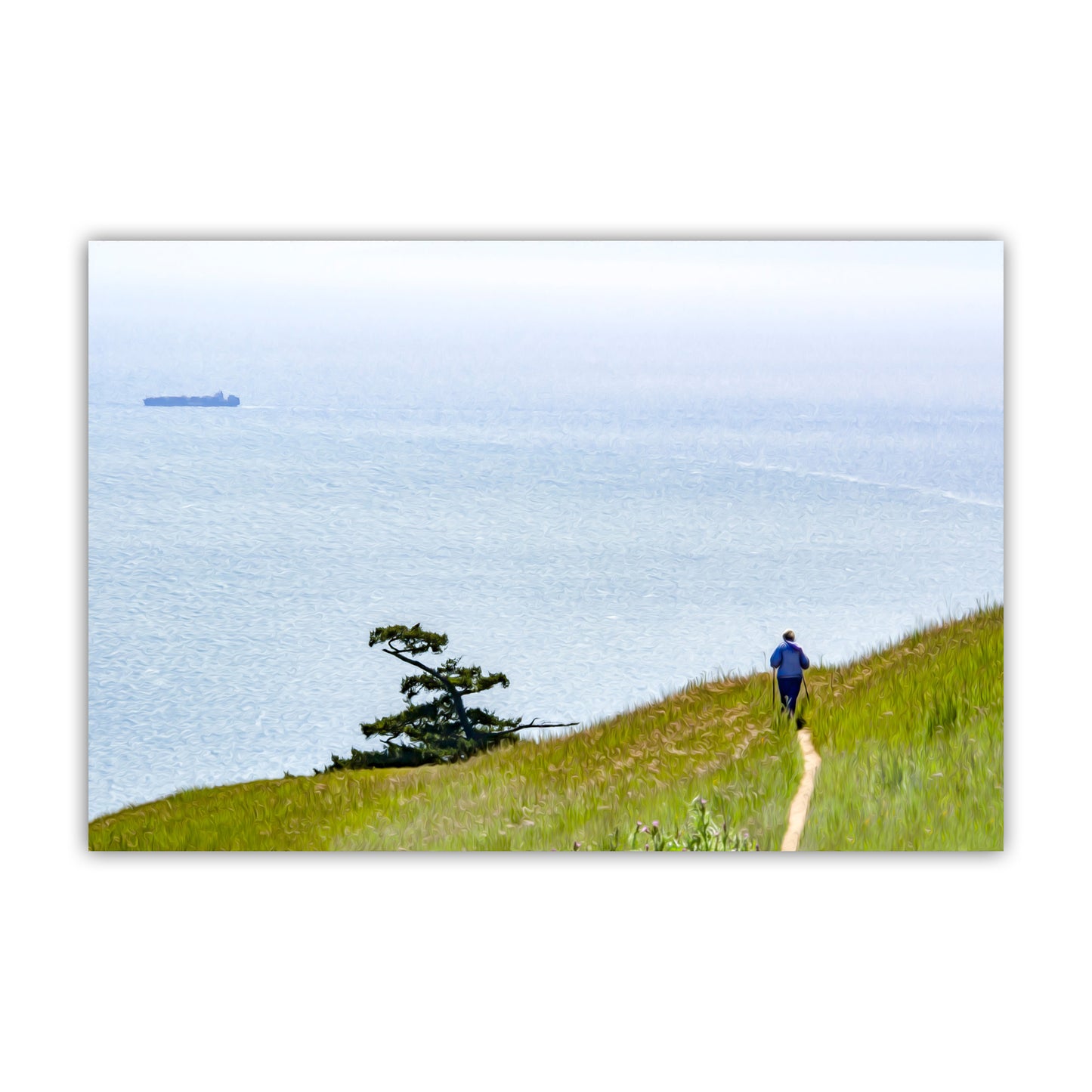 Person walking on a path with a tree and blue sky in the background. Beautiful California coast! My majestic Marin County seascape art for your viewing pleasure: California's gorgeous nature beckons the trekker. A cargo ship punctuates the horizon. I captured this image from Mt. Tamalpais on a splendid spring afternoon! Artfully rendered. Original, unique signed art by Murray Bolesta.