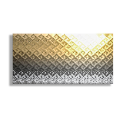 Rectangular product with gold, silver, and black pattern on a white background. Psychedelic Abstract Ocean Sunset Panorama on Framed Canvas