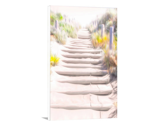 White steps leading upwards with blurred greenery on a white background. Baker Beach San Francisco Art Photography | The Presidio