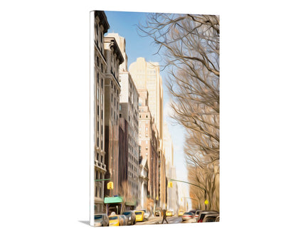 City street scene with tall buildings and yellow taxis on a clear day. Upper West Side NYC Art Print at Central Park West in Winter