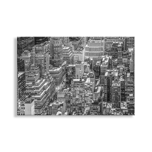 Black and white cityscape with tall buildings on a white background. Midtown Manhattan Black & White Art Print of Rooftops in Winter