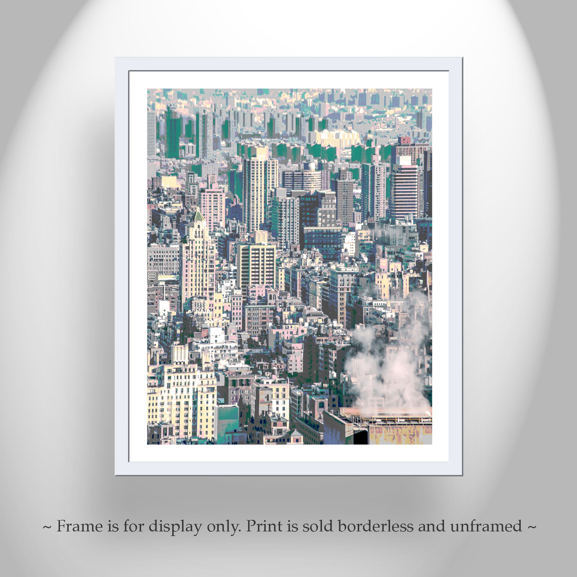 Framed cityscape print with a white frame on a gray background. New York Upper East Side Art Print by Murray Bolesta