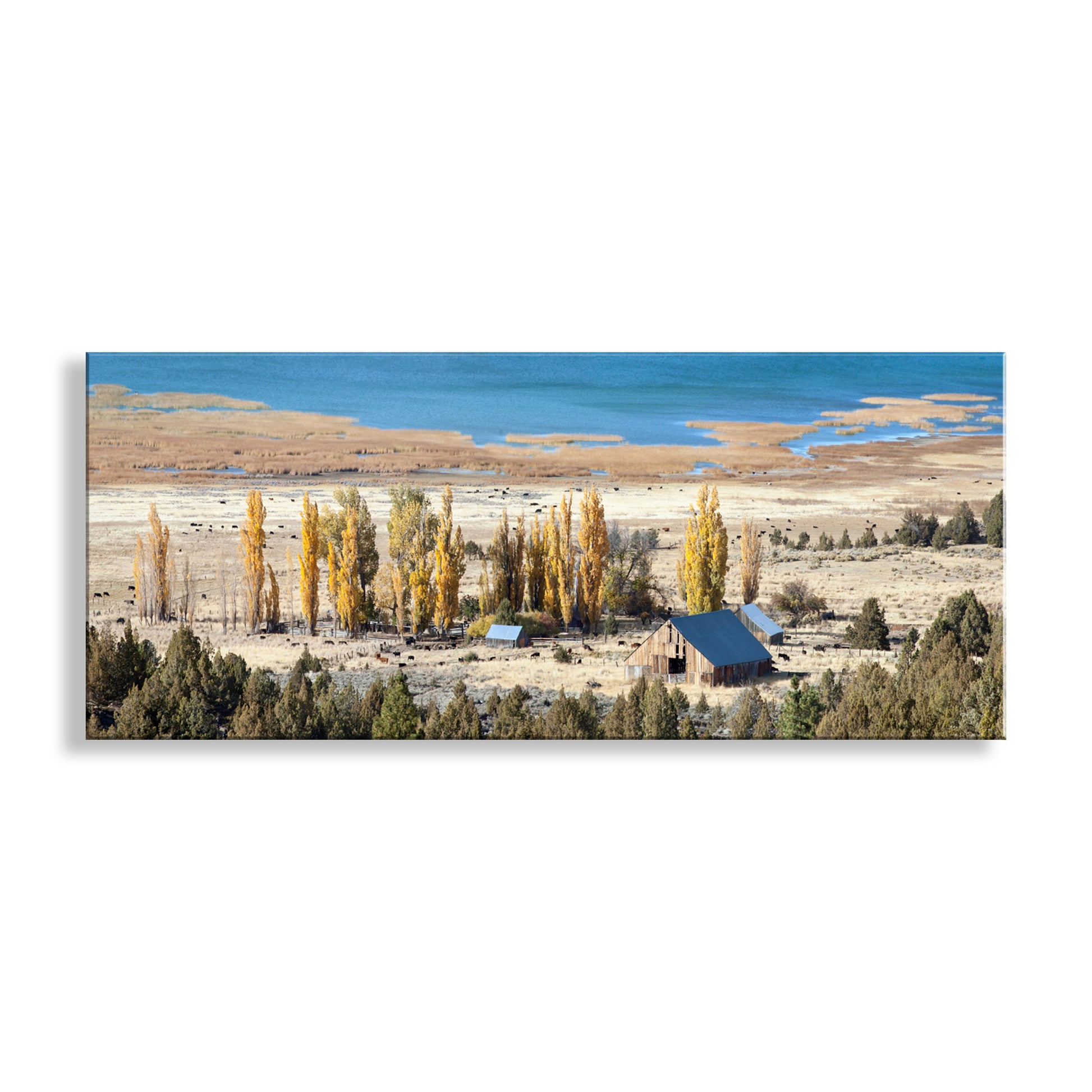 Scenic landscape with a cabin, trees, and a lake. Western Ranch Panoramic Autumn Art | Northeast California Landscape