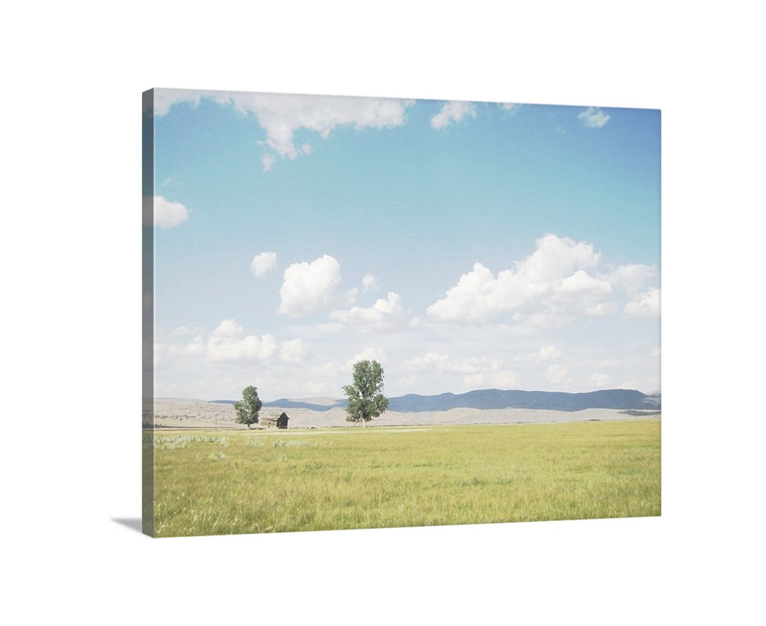 Canvas print of a landscape with a green field, trees, and blue sky. Rusic Landscape Photography Print with Log Cabin | Northern California Ranch Art