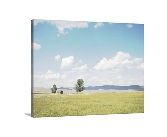 Canvas print of a landscape with a green field, trees, and blue sky. Rusic Landscape Photography Print with Log Cabin | Northern California Ranch Art