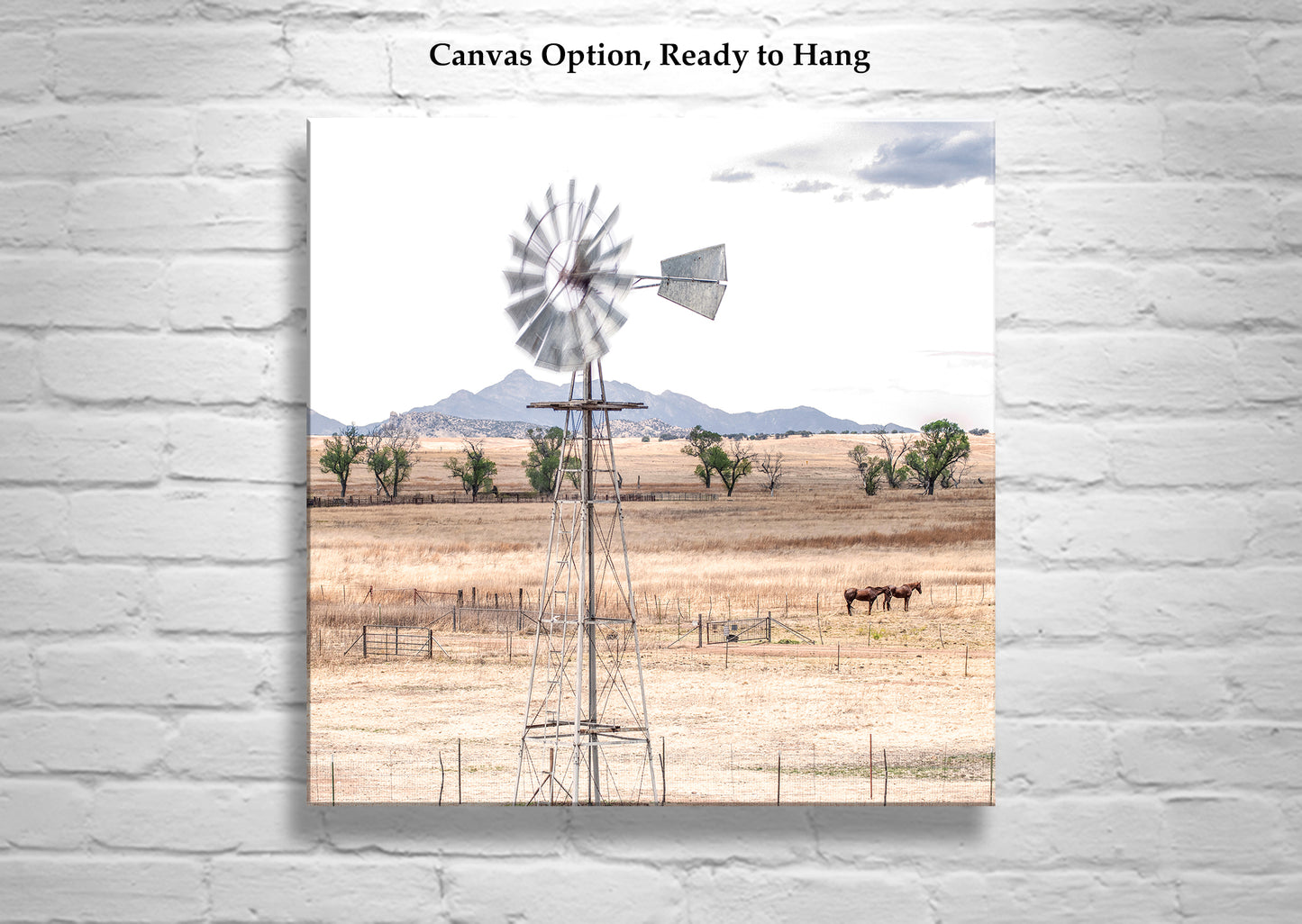 Western Horse Ranch Landscape Art with Windmill & Santa Rita Mountains