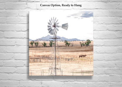 Western Horse Ranch Landscape Art with Windmill & Santa Rita Mountains