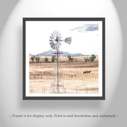 Western Horse Ranch Landscape Art with Windmill & Santa Rita Mountains