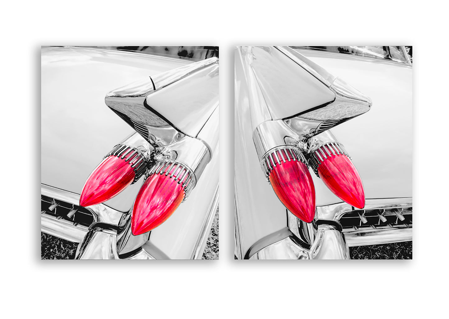 Two identical images of a car's tail light with red bulb and chrome housing on a white background. My marvelous midcentury Cadillac tail fins for the enthusiast of automotive art! This is a set of 2 prints together, priced with a discount.Original, unique signed art by Murray Bolesta.