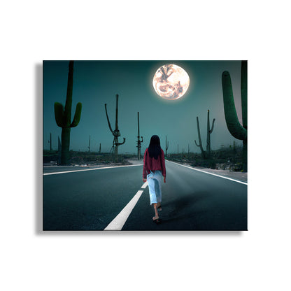 Desert Highway at Night Surreal Art Photography in Muted Colors with Desert Moon