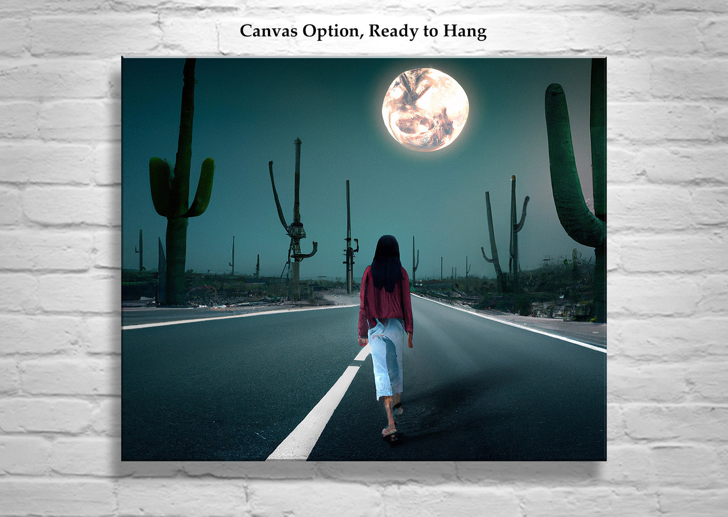 Desert Highway at Night Surreal Art Photography in Muted Colors with Desert Moon