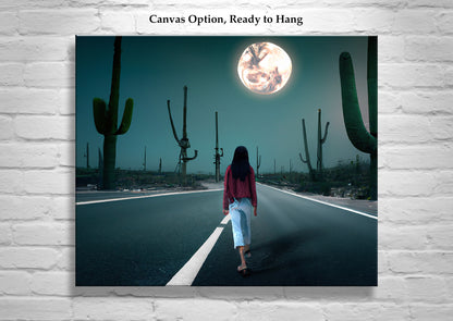 Desert Highway at Night Surreal Art Photography in Muted Colors with Desert Moon