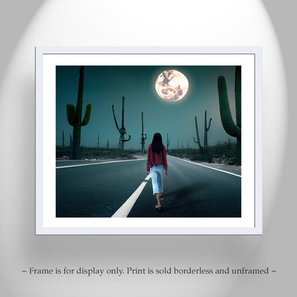 Desert Highway at Night Surreal Art Photography in Muted Colors with Desert Moon
